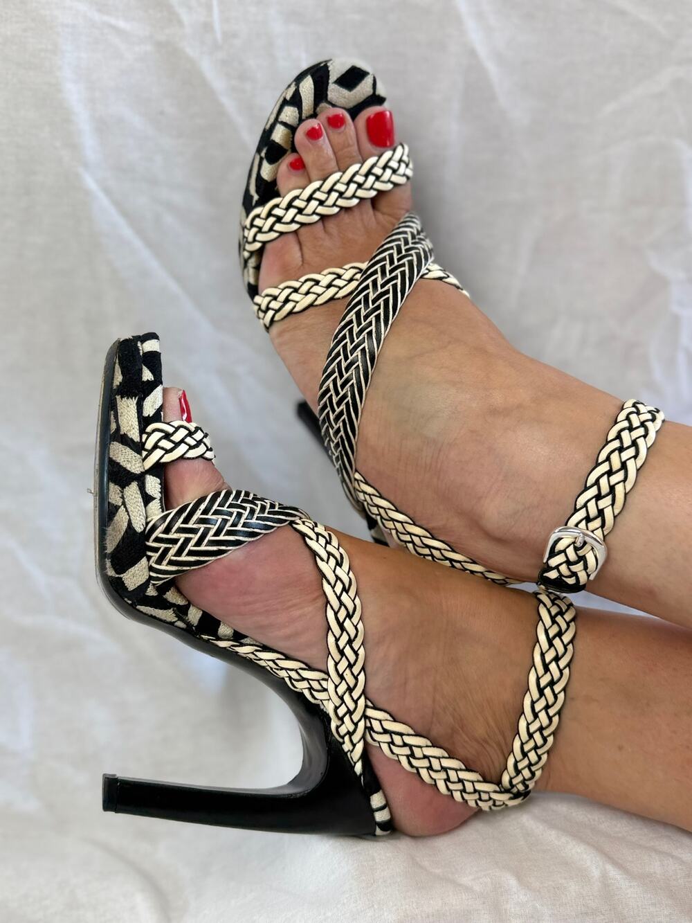 Dries Van Noten Braided Leather Ankle Wrap Heel Sandals Black Cream EU 41 w/ Box
